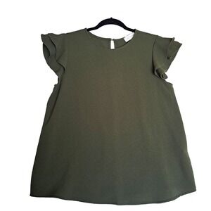Ces Femme Olive Green Ruffle Sleeve Blouse Womens Medium Casual Top
